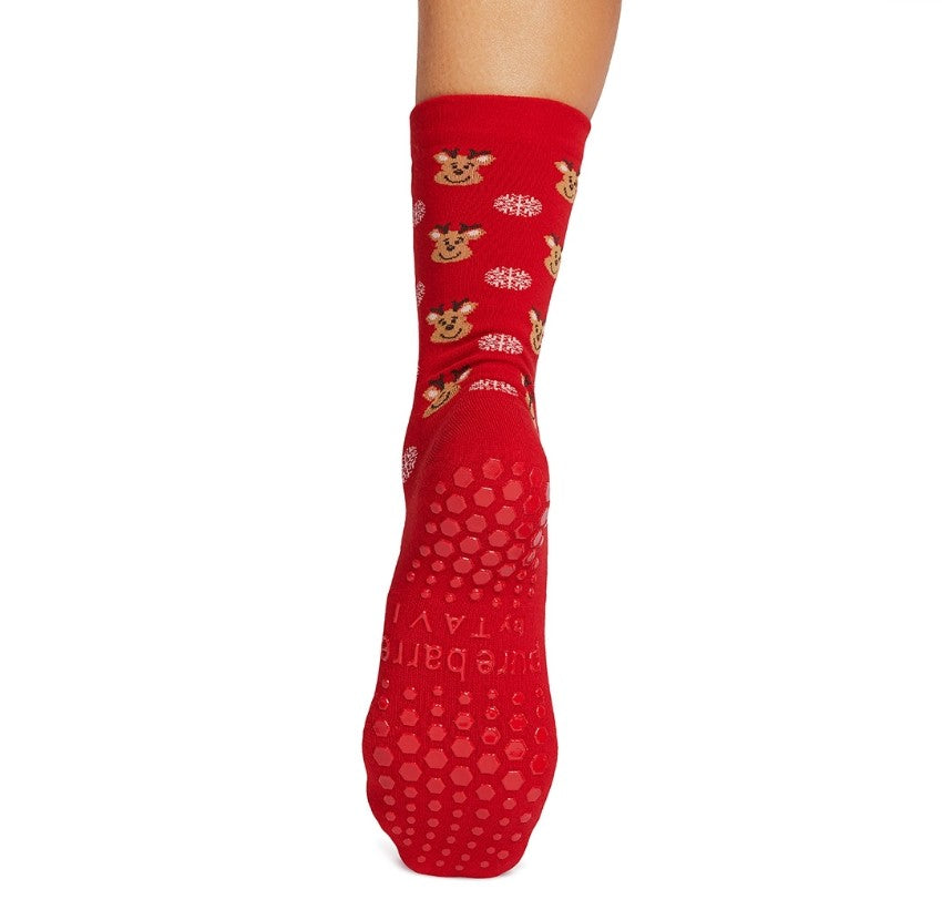 Pure Barre Holiday Reindeer Heads Crew Sticky Socks