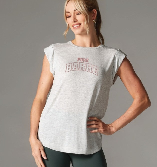 Tavi Pure Barre Varsity Cap Sleeve Muscle Tee- Ash