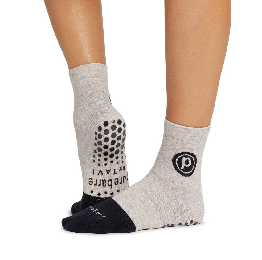 Pure Barre Oatmeal and Black Circle P Crew Sticky Socks