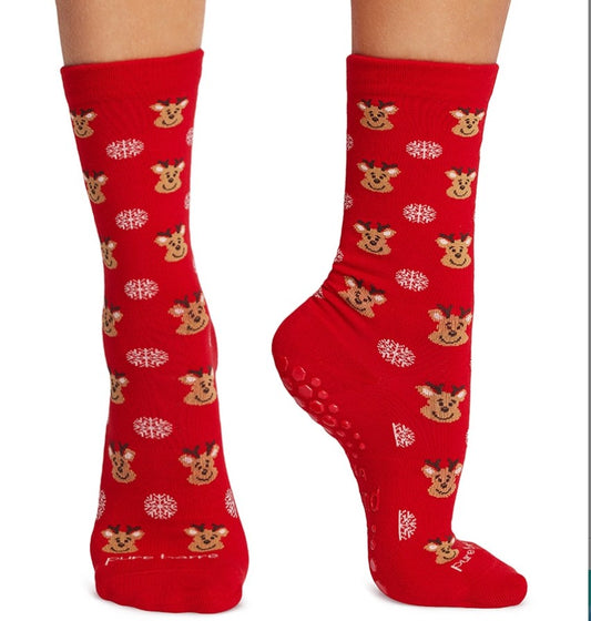 Pure Barre Holiday Reindeer Heads Crew Sticky Socks