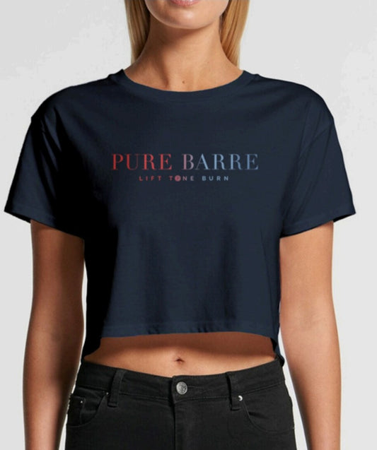 Pure Barre Red and Blue Ombre Cropped Tee- Navy